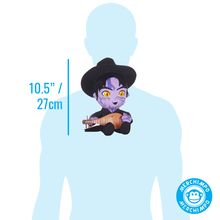 Load image into Gallery viewer, A Jinu character plush shown on a light blue human silhouette with size text reading 10.5 inches / 27 cm.

