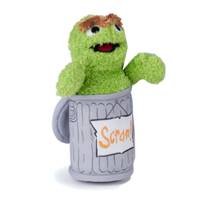 Load image into Gallery viewer, Sesame Street Oscar Green plush toy with brown hair in a gray trash can labeled &#39;Scram&#39; on a white background
