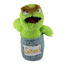 Load image into Gallery viewer, Sesame Street Oscar Green plush toy with a sign saying &#39;Scram!&#39; on a white background
