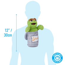 Load image into Gallery viewer, Sesame Street Oscar  Green plush toy in a trash can with dimensions and branding on a light blue silhouette background
