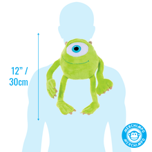 Load image into Gallery viewer, Monsters Inc Mike Green plush toy with one eye on a blue body, showing size relative to a person.
