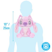 Load image into Gallery viewer, Disney Lilo &amp; Stich Angel Snuggletime  Pink plush toy with measurement on a blue body, featuring the MERCHIMPO logo.
