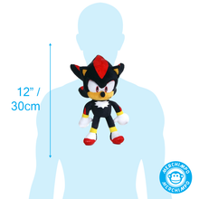 Load image into Gallery viewer, Sonic Friends Shadow  Plush toy with dimensions shown against a silhouette, featuring the Merchimpo brand.
