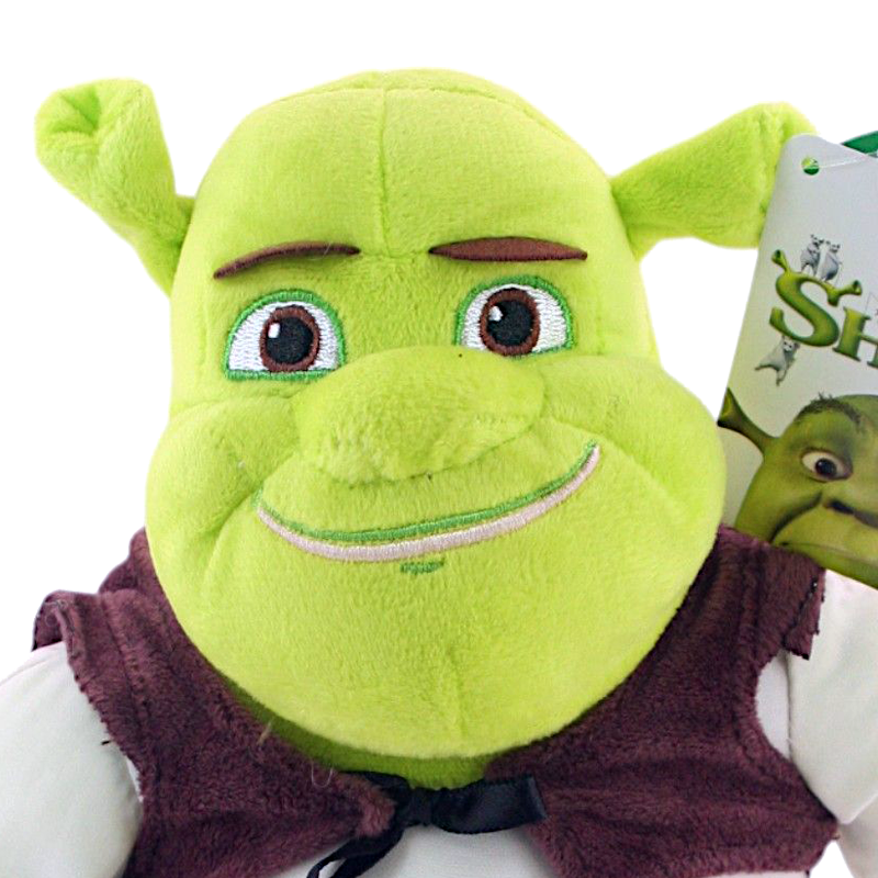 Shrek The Movie Plush toy a green orge character with a brown vest on a white background focus view