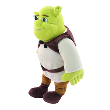 Load image into Gallery viewer, Shrek The Movie Plush toy of a green Ogre character with a white shirt and brown vest on a white background side view
