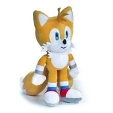 Load image into Gallery viewer, Sonic Friends Tails  Plush toy of a fox-like character with orange fur, white chest, and red shoes on a white background side view
