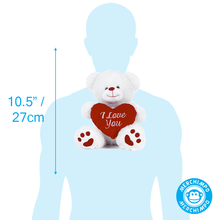 Load image into Gallery viewer, White teddy bear holding a red heart with &#39;I Love You&#39; text, shown next to a human silhouette for scale.
