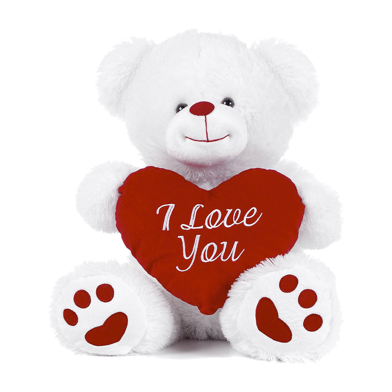 White teddy bear with a red heart that says 'I Love You' on a white background