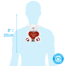 Load image into Gallery viewer, Small white teddy bear with a red heart saying &#39;I Love You&#39; held by a blue silhouette, with dimensions indicated.
