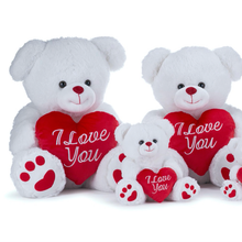 Load image into Gallery viewer, Three white teddy bears with red hearts that say &#39;I Love You&#39; on a white background
