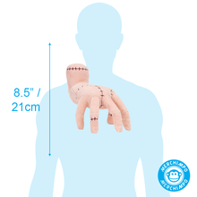 Load image into Gallery viewer, The Thing  Measurement chart showing a plush hand with stitches held by a blue silhouette, labeled &#39;8.5&quot; / 21cm&#39;, with MERCHIMPO logo.
