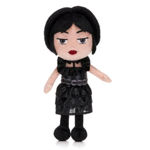 Load image into Gallery viewer, Wednesday Plush toy with black hair and dress on a white background
