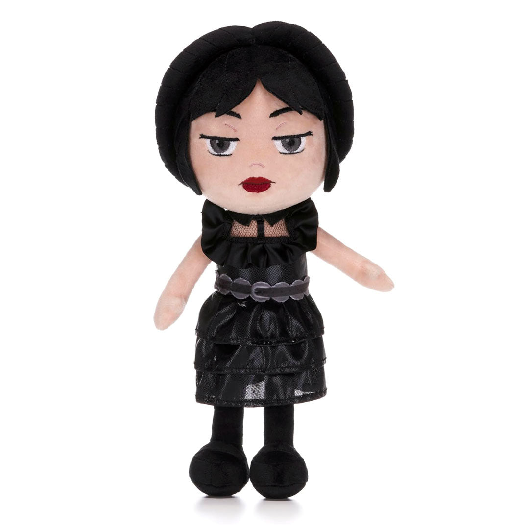 Wednesday Plush toy with black hair and dress on a white background
