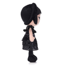 Load image into Gallery viewer, Wednesday  Plush toy with black outfit and hat on a white background right view
