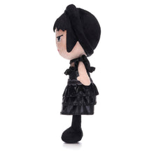 Load image into Gallery viewer, Wednesday  Plush toy with black hair and dress on a white background Left View
