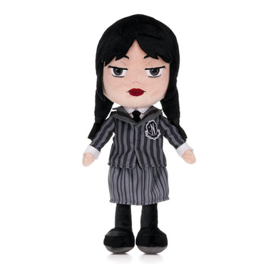 Wednesday Plush toy of a character in a striped outfit with a white background