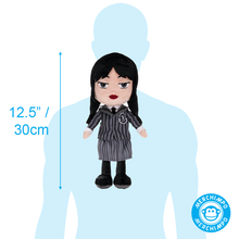 Load image into Gallery viewer, Wednesday Plush toy with measurement details on a light blue silhouette background

