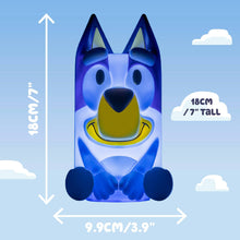 Load image into Gallery viewer, Bluey cartoon dog plush toy with measurements on a light blue background
