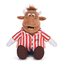 Load image into Gallery viewer, Bully The Cow Mascot from TV Show Bullseye Plush toy cow wearing a red and white striped shirt on a white background
