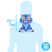 Load image into Gallery viewer, A Derpy plush toy with large yellow eyes and white paws, shown in front of a light blue human silhouette to indicate size. Text on the left reads 10.5" / 27cm.

