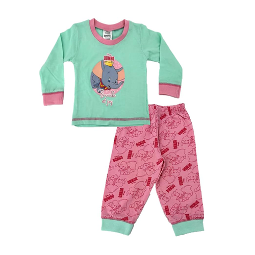 Disney Baby Dumbo 
Children's pajama set with green top and pink pants on a white background