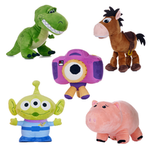 Load image into Gallery viewer, A set of five classic Toy Story 5 plush toys including Rex, Hamm, Snappy, Alien, and Bullseye, arranged on a plain white background.
