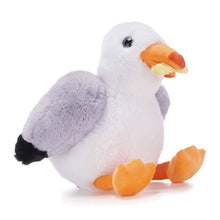 Load image into Gallery viewer, Plush toy seagull with orange beak and feet on a white background with chip in mouth


