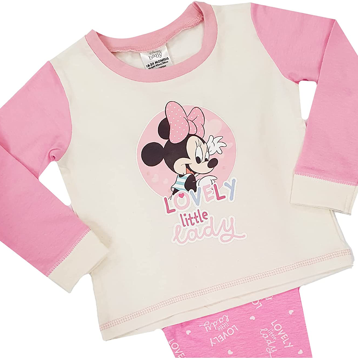 Disney Baby Pyjamas Set Minnie Mouse Lovely Little Lady Pink and Cream Long Sleeve PJs  Top Detail