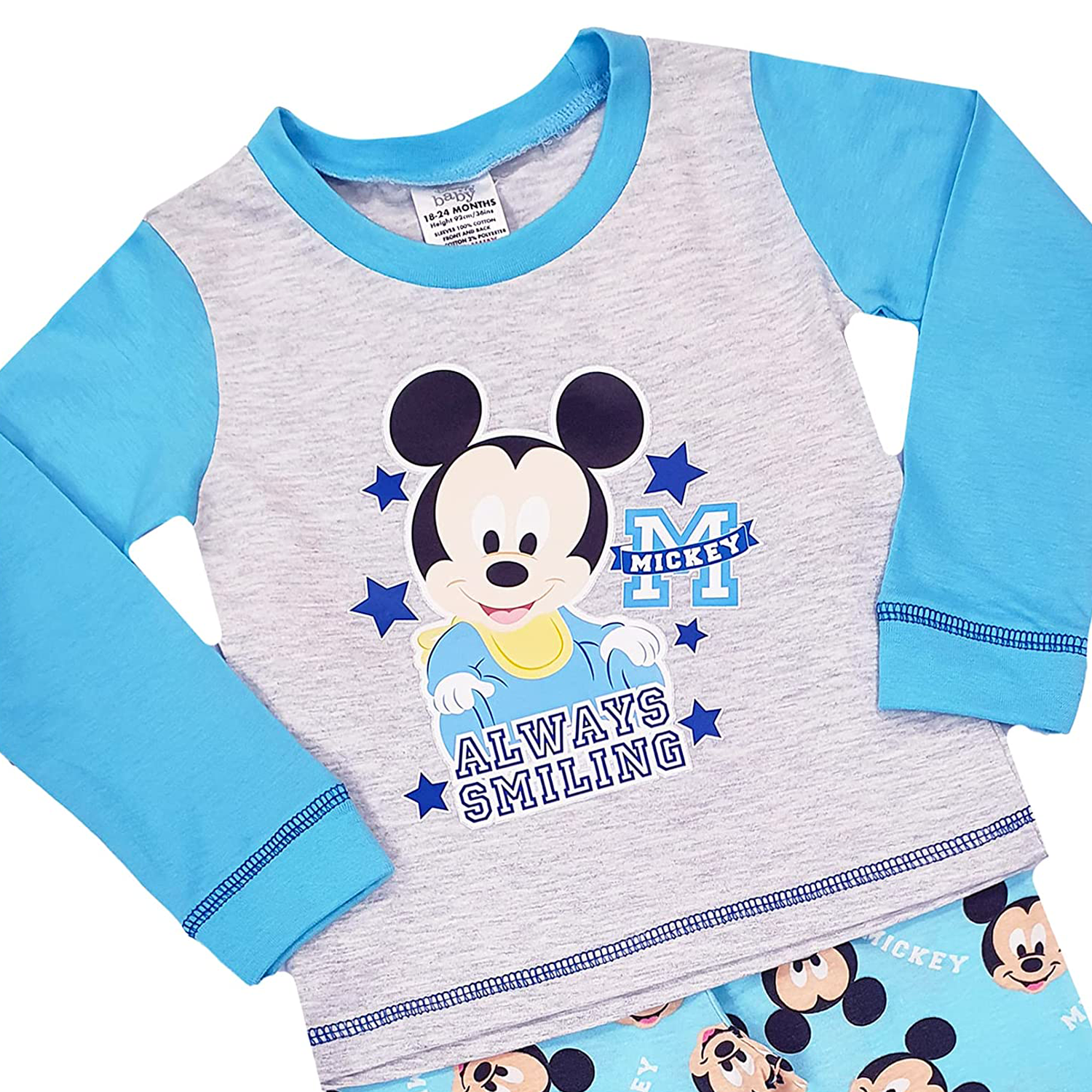 Baby Mickey Always Smiling Baby PJs Set light blue and grey long sleeve pyjamas focus on top