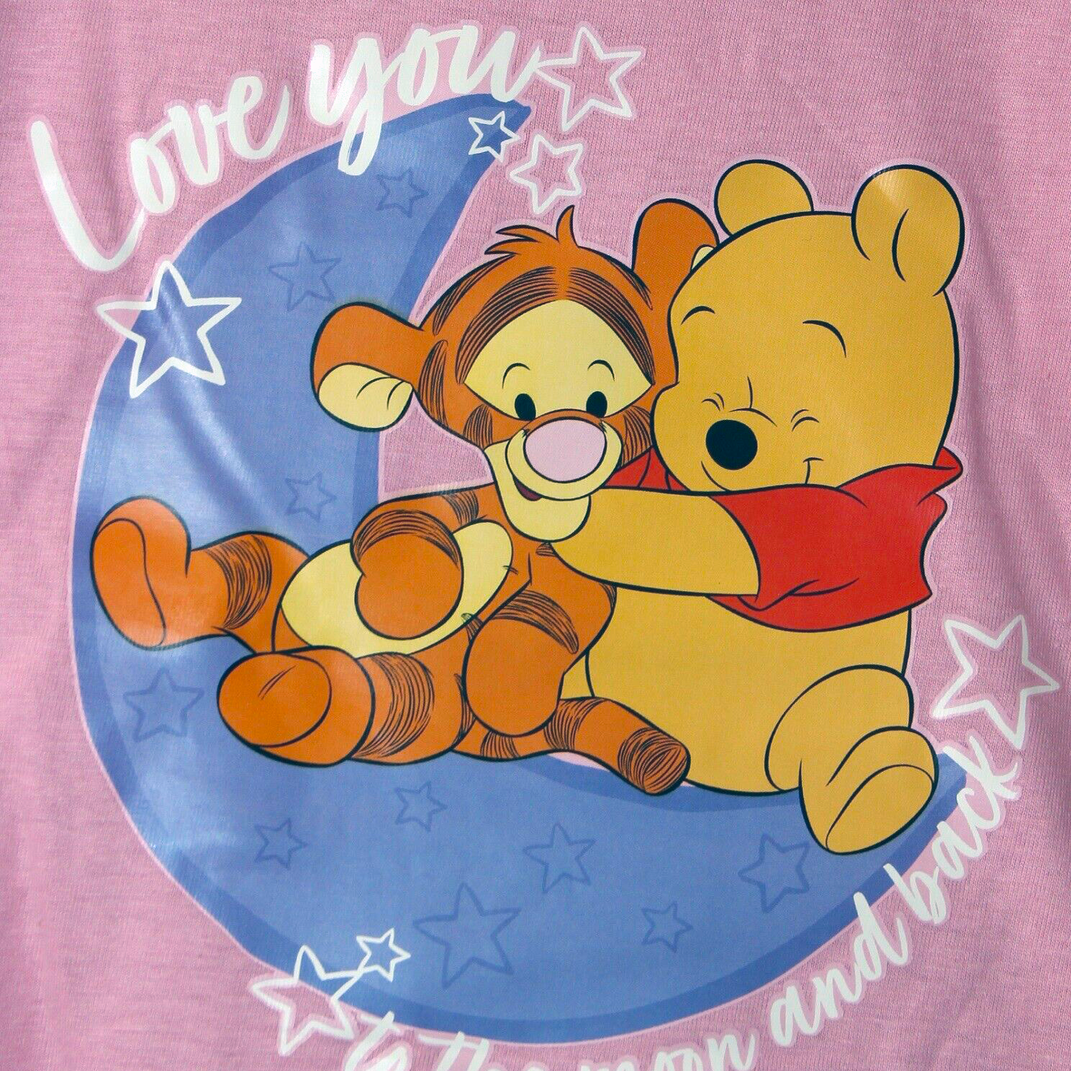 Winnie The Pooh Love You To The Moon Girls Baby PJs Pink and purple long sleeve baby pyjamas logo close up