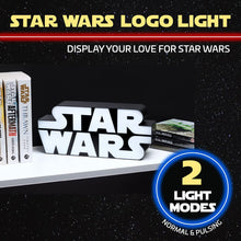 Load image into Gallery viewer, Star Wars Logo Light sitting on white shelf with star wars books and galaxy background
