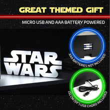 Load image into Gallery viewer, Star Wars Logo Light showing needs 3 x AAA batteries or USB plug
