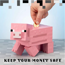 Load image into Gallery viewer, Minecraft Pig Money Bank on block top with hand dropping coins
