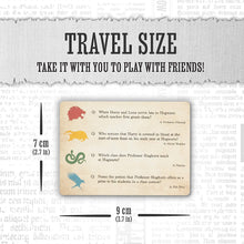 Load image into Gallery viewer, Harry Potter Hogwarts Triva Quiz Game card showing travel size

