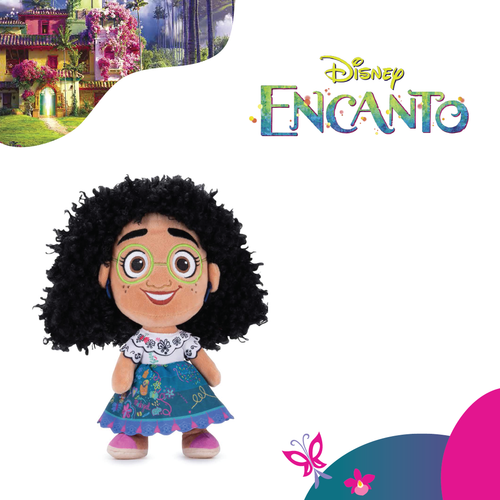 Mirabel Soft Plush Toy Inspired by Disney Encanto set in picture with Encanto Film logo and image of Cantina house